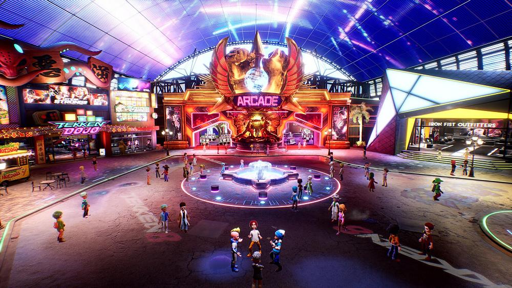 A look at the Fight Lounge in Tekken 8, with a bunch of characters exploring a social space.