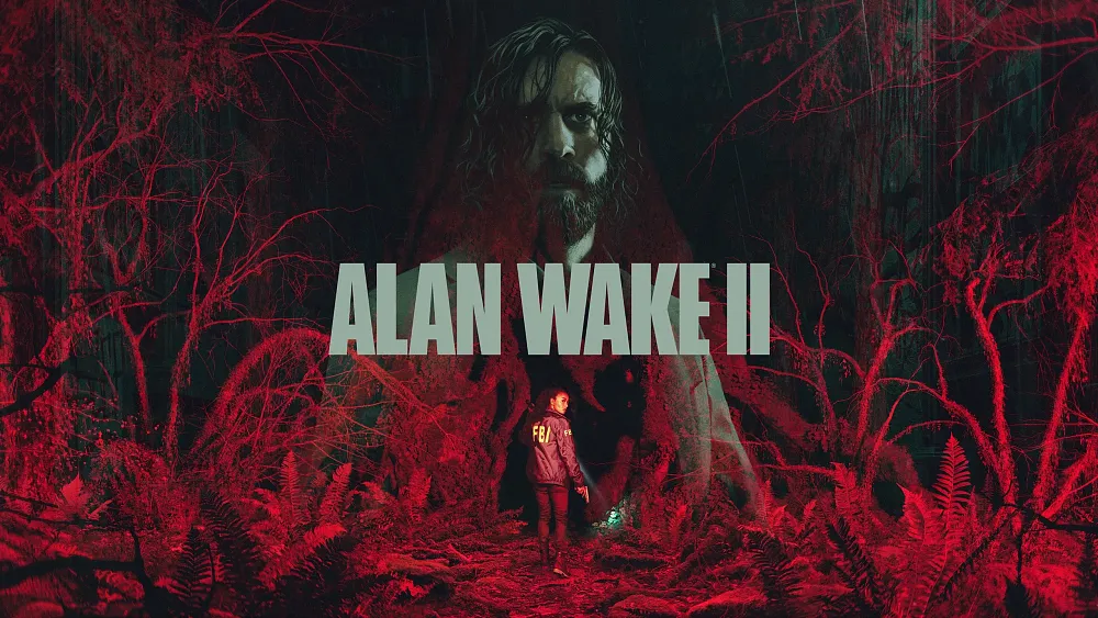 An FBI agent walking in a red forest. A man's face superimposed near the top. Text says Alan Wake 2.