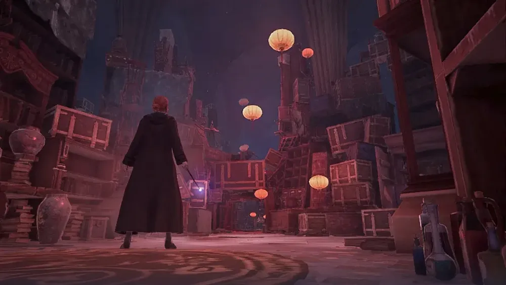 Screenshot of a student at Hogwarts Legacy in the Room of Requirement.