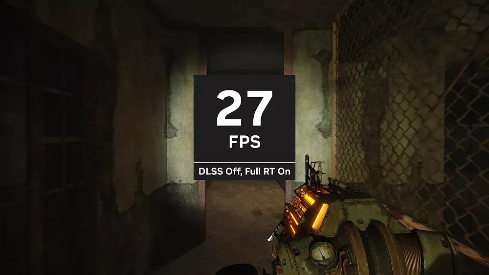 A screenshots from Half-Life 2 RTX with a framerate in the middle showing 27 frames per second without DLSS and with full ray tracing enabled.