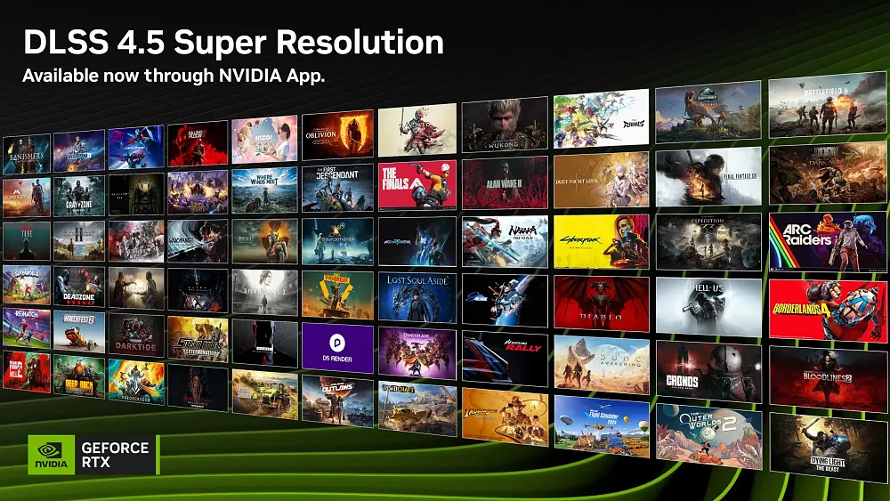 Image promoting the release of Nvidia DLSS 4.5 Super Resolution and images of a bunch of games that support DLSS.