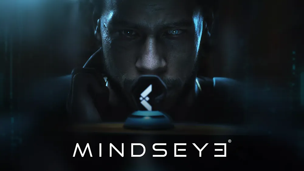 A man with what looks like some sort of a cybernetic eye implant is staring at an obscure shape. The title, MindsEye, is shown at the bottom of the image.