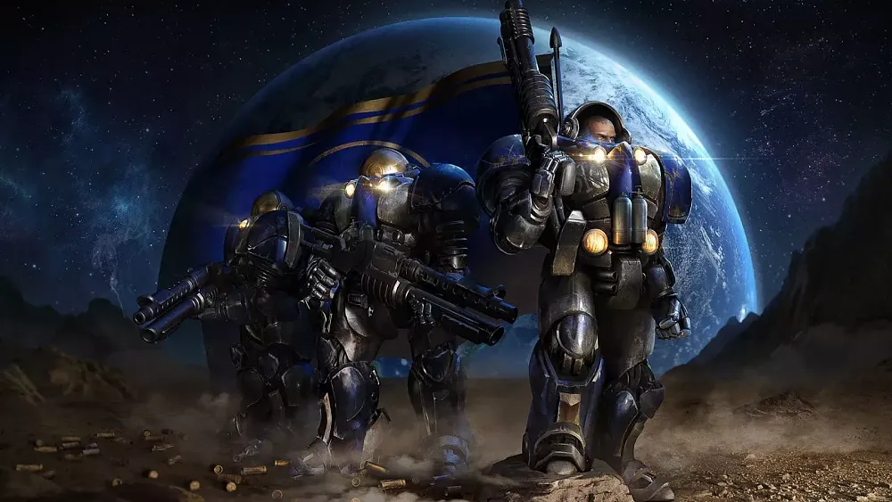 Three space-marine soldiers in heavy blue armor and holding large weaponry are standing on a moon with the planet seen behind them in the blackness of space.