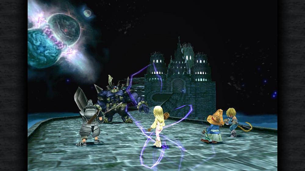 Image from the RPG Final Fantasy 9 showing the battle screen. A knight, white mage, black mage, and thief class are attacking a large demon knight on a bridge leading to a distant castle while two planets seem to collide in the sky behind.