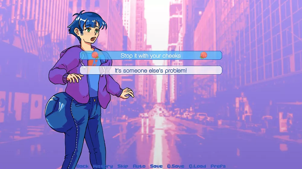 Screenshot from a game where the protagonist has a giant, round butt. They are contemplating if they should stop something with their cheeks (their butt) or let someone else handle the problem at hand.