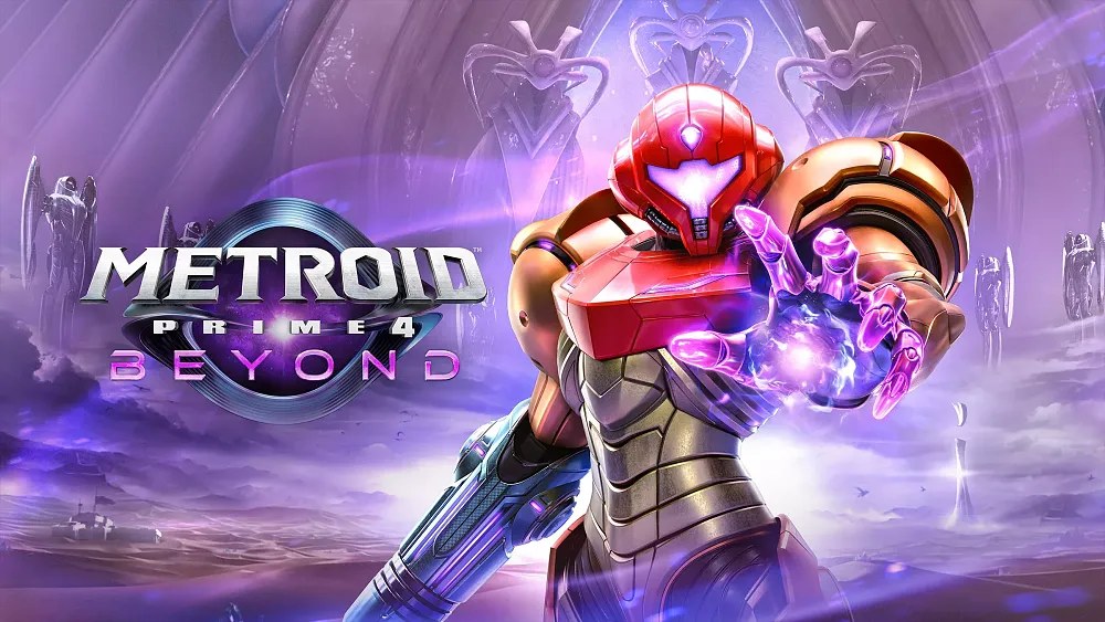 Game character Samus in her armor for Metroid Prime 4: Beyond. Her left hand is extended and glowing with a purple energy. The title is seen on the left side of the image.