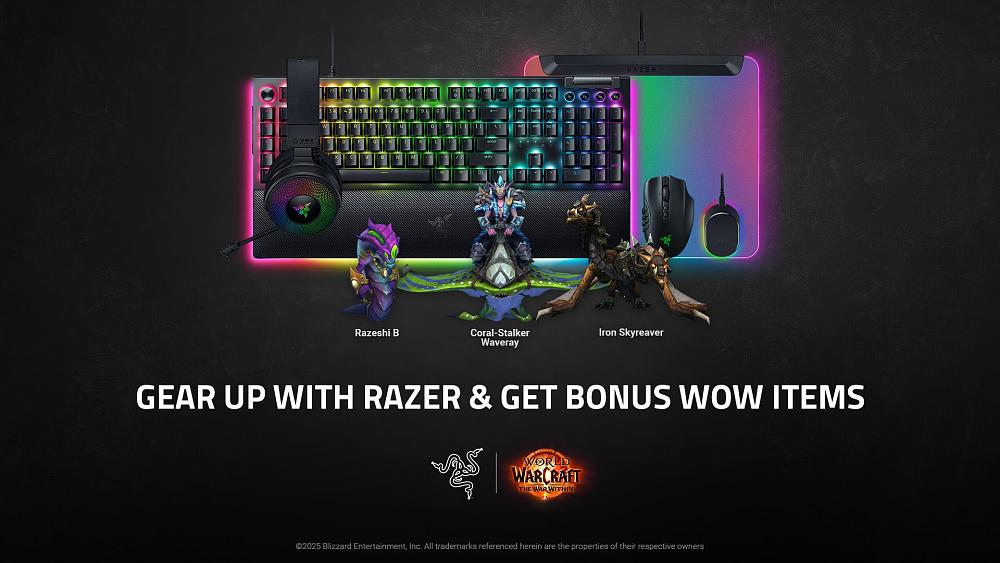 Photograph showing various Razer PC peripherals such as a mouse, headphones, keyboard, and charging mousepad as well as three in-game items for World of Warcraft to promote a collaboration that grants you in-game items for the game with the purchase of any Razer peripheral.