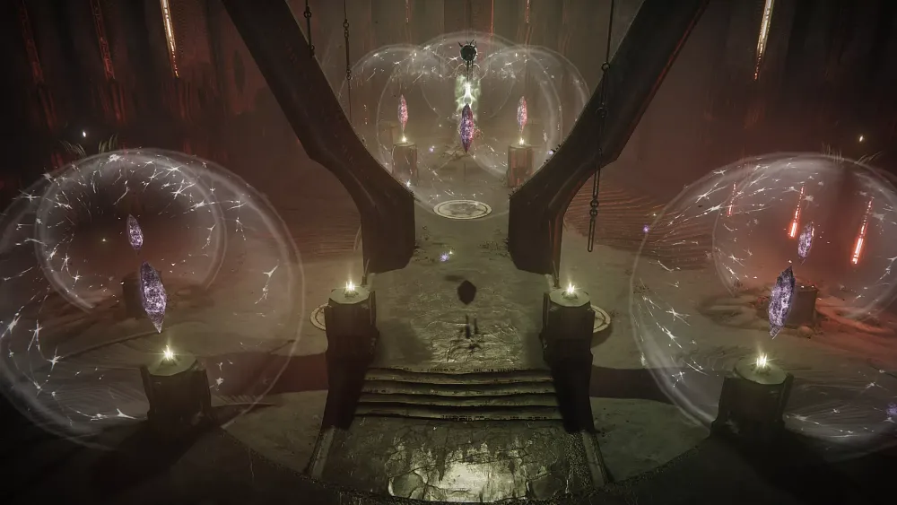 a mystical chamber filled with floating purple crystals encased in glowing energy spheres, surrounded by ancient architecture with dim, atmospheric lighting. The otherworldly ambiance creates a sense of magic or fantasy, making it visually striking and potentially relevant to creative storytelling or artistic inspiration.