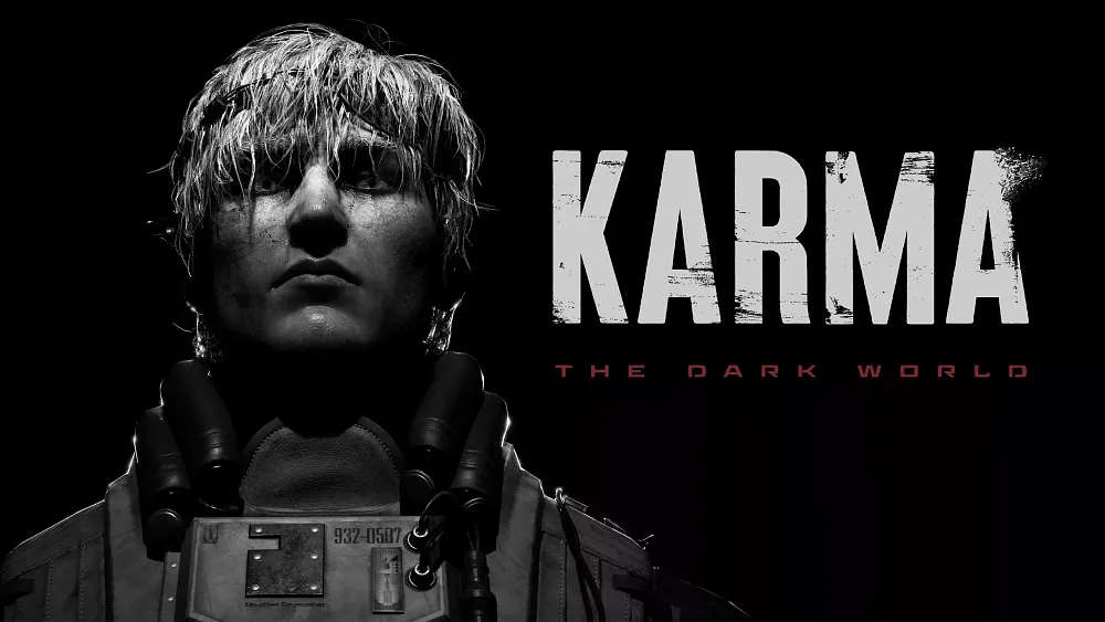 A mostly black and white image featuring an exhausted looking man with longer hair looking tired. On the right is the title, Karma: The Dark World.