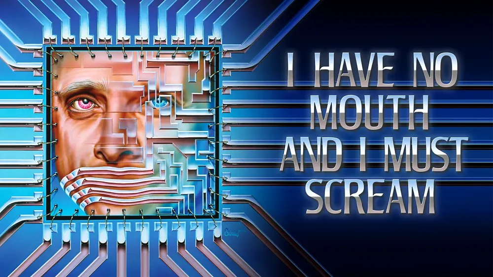 A man with one pink eye and one blue eye with his mouth covered with digital machinery or wires stares intently at the viewer. On the right are the words: I Have No Mouth and I Must Scream.