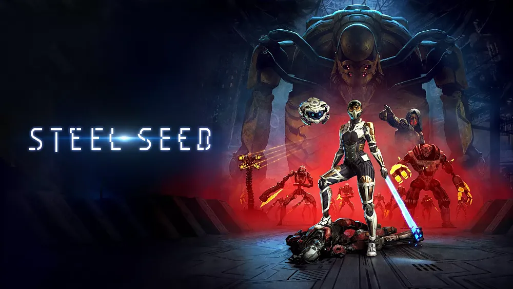 A woman with an electric blade standing on a slain enemy while other characters and foes approach from behind, including a giant mechanical humanoid. The title, Steel Seed, is seen on the left.