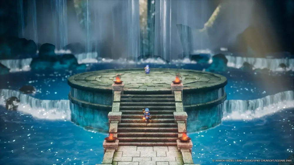 A soldier in blue armor is holding a lantern and walking down a short stairway that leads to a stone walkway surrounded by water. The visuals are pixel style like RPGs from the 8-bit era.