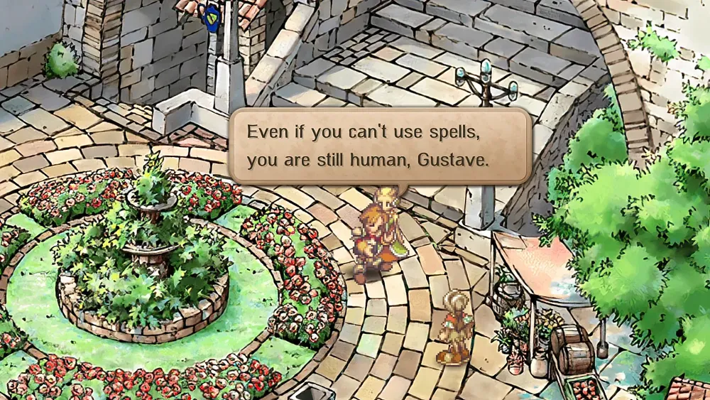 An 8-bit looking RPG character standing near a round water fountain overgrown with shrubs in a town square. They are talking to another character.