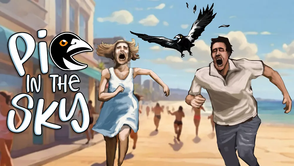 Pie in the Sky key art showing people running away from a magpie.