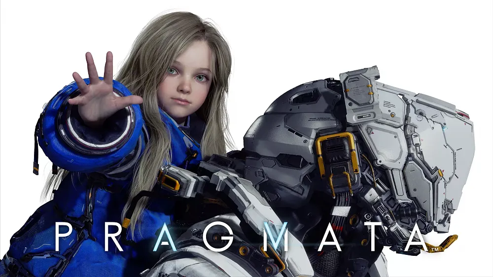 Two main characters from Pragmata, showing a young girl on the back of an older man in a space suit.