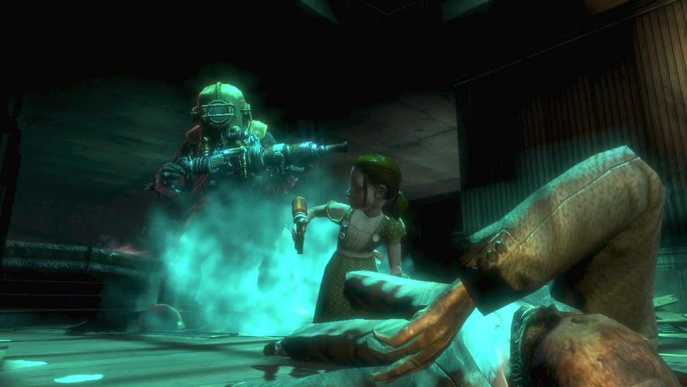 A person wearing a large diving suit standing behind a young girl that is harvesting something from a corpse on the ground.