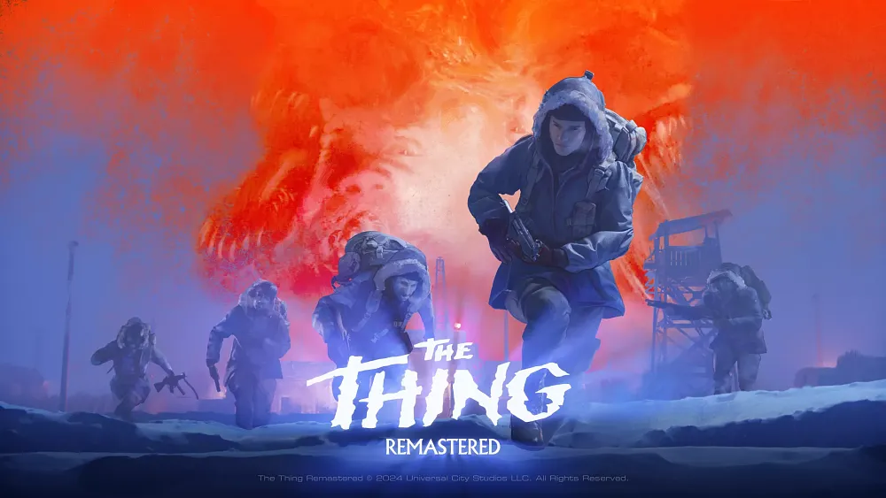 Text: The Thing Remastered. Image shows people in layers of winter gear trekking through heavy snow.