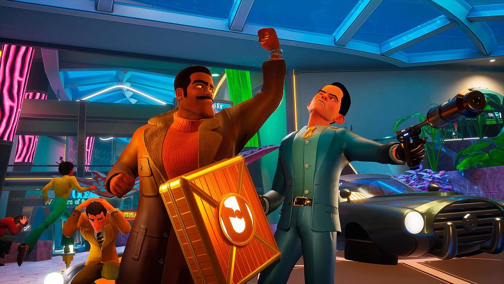 One cartoony looking spy is uppercutting another spy that is holding a silenced pistol.