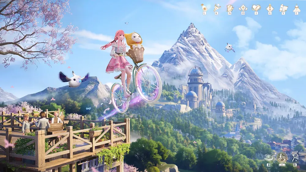 A magical girl flying on a bike with a little round creature with cat ears in a basket on the front.