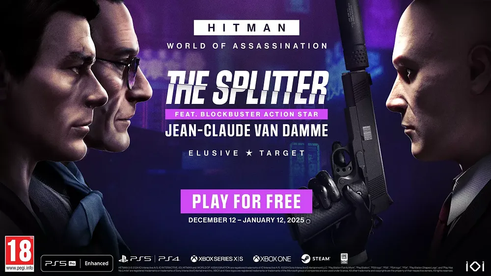 Render of Jean-Claude Van Damme, Agent 47, and some other person in promotional art for the new elusive target in Hitman World of Assassination.