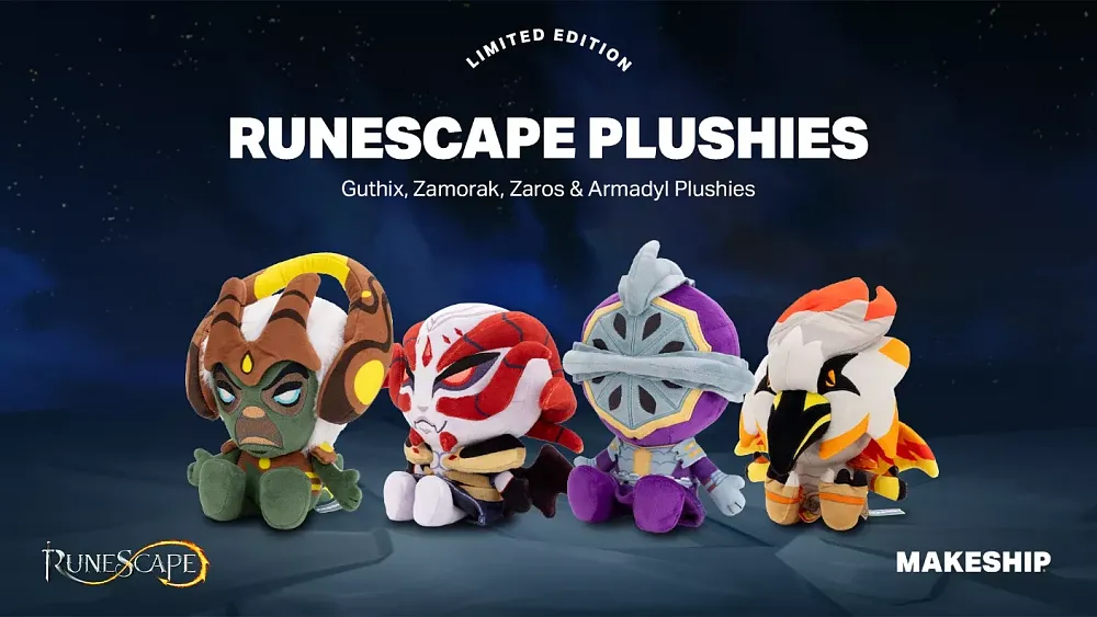 Text: Limited Edition Runescape Plushies. Guthix, Zamorak, Zaros, and Armadyl Plushies. Image shows four plushies based on the RuneScape gods mentioned prior.