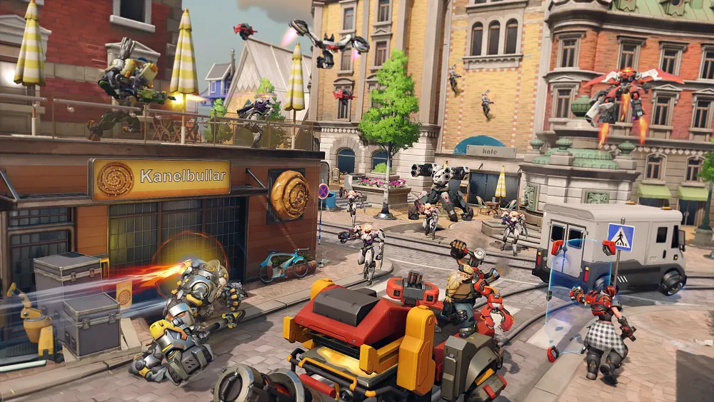 Screenshot showing a lot of enemies and characters fighting each other in Overwatch 2's PvE mode.