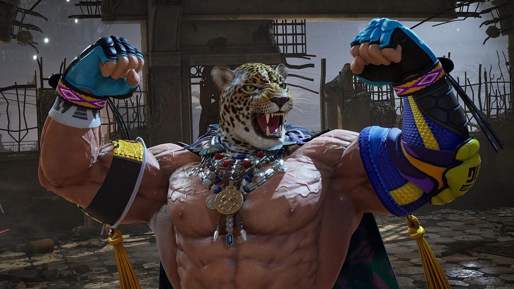 Muscular person with a tiger head flexing.