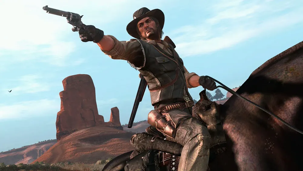 A cowboy riding a horse and aiming a gun.