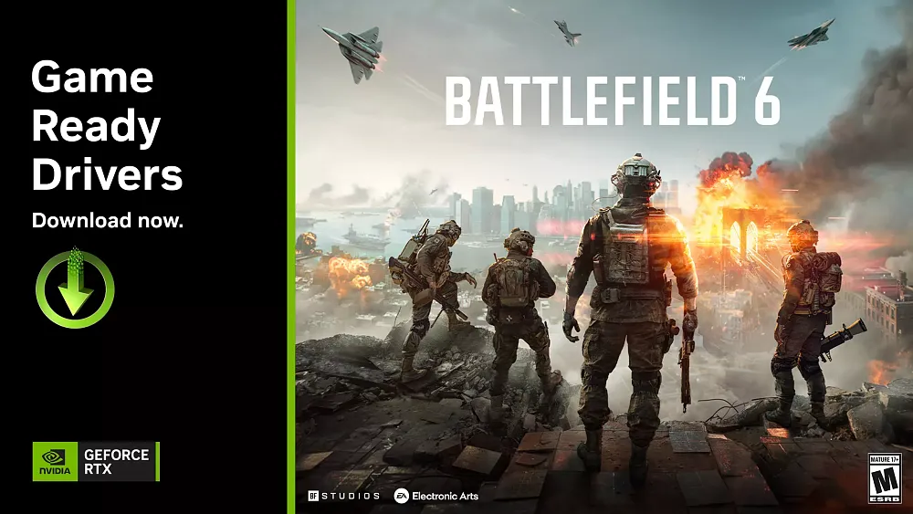 Image promoting a new Nvidia Game Ready driver update specifically for Battlefield 6.