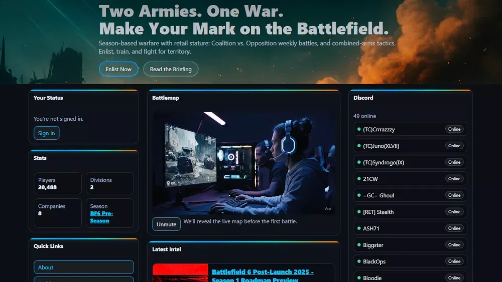 Screen capture of the 21st Century Warfare main page.