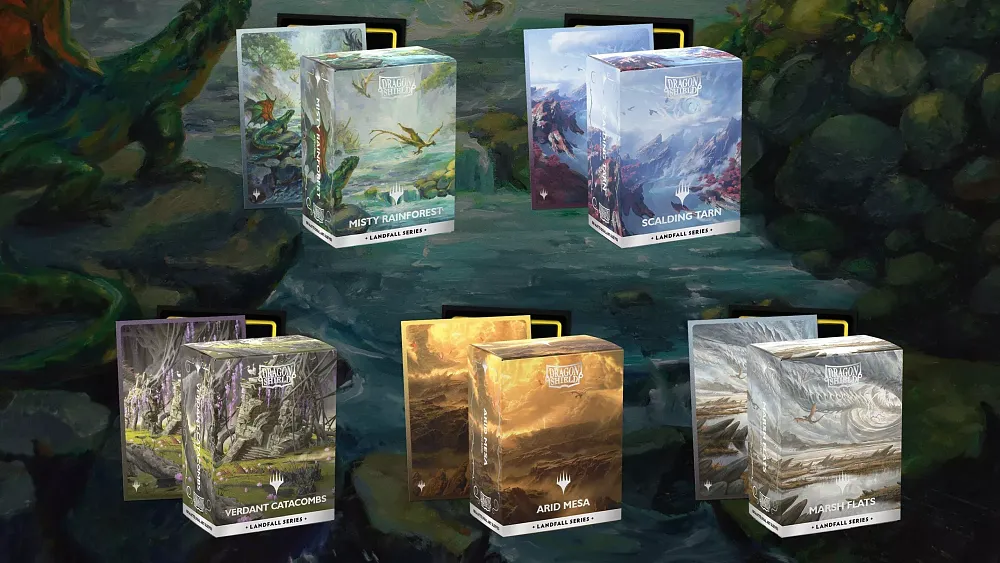A photo of different boxes of Dragon Shield branded card sleeves based on Magic: The Gathering art.