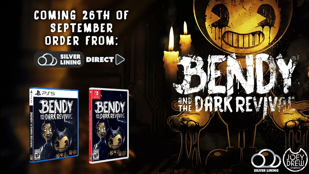 Art promoting the Switch and PS5 physical release of Bendy and the Dark Revival video game.