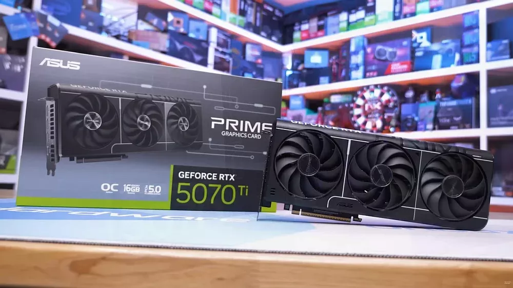 An Asus model of the Nvidia RTX 5070 Ti GPU next to its box.