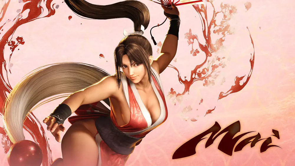 A female warrior with long brown hair tied in a high ponytail, wearing a red and white revealing outfit. She is in an action pose, wielding a folding fan in one hand. The background features abstract red brushstrokes and floral elements on a soft pink canvas. The word 'Mai' is written in stylized script in the bottom right corner.