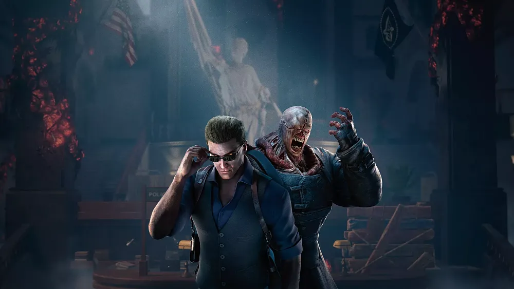 A man in sunglasses adjusting them coolly, while a monstrous creature with exposed muscles and sharp teeth roars behind him in a dark, ominous setting.