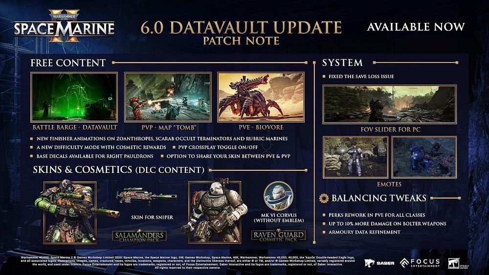 An overview of the major changes, additions, and fixes in the 6.0 update called 'Datavault' that was released for Warhammer 40,000: Space Marine 2.