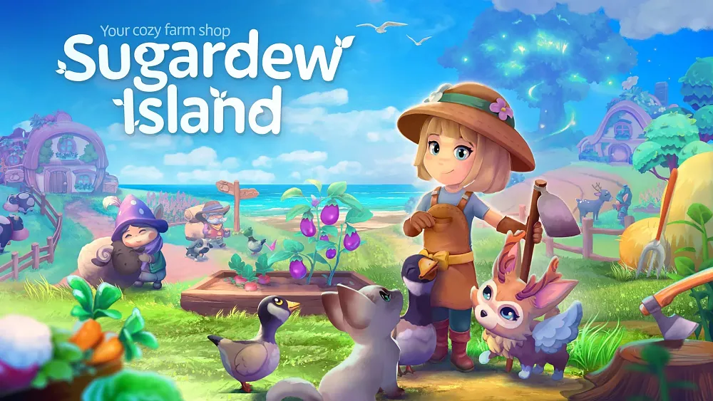 Art showing a young farmer on an island farm, surrounded by wide-eyed cute animals.