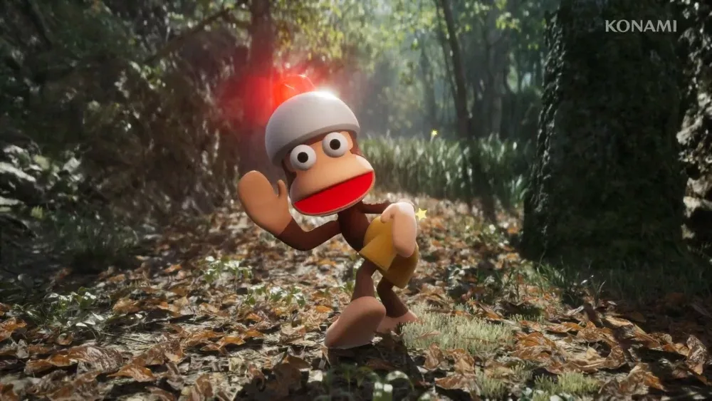 A comical looking monkey with a siren hat is smacking his butt towards the camera. He is in a realistic looking video game forest environment.