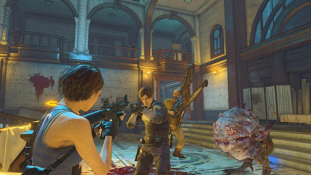 Various Resident Evil characters and enemy mutants attacking each other in an old police station.