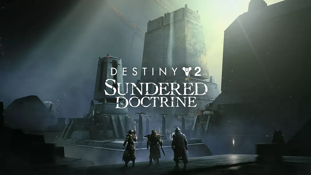 Three Destiny 2 players standing in a bleak large chamber of a space ship. Text: Destiny 2. Sundered Doctrine.