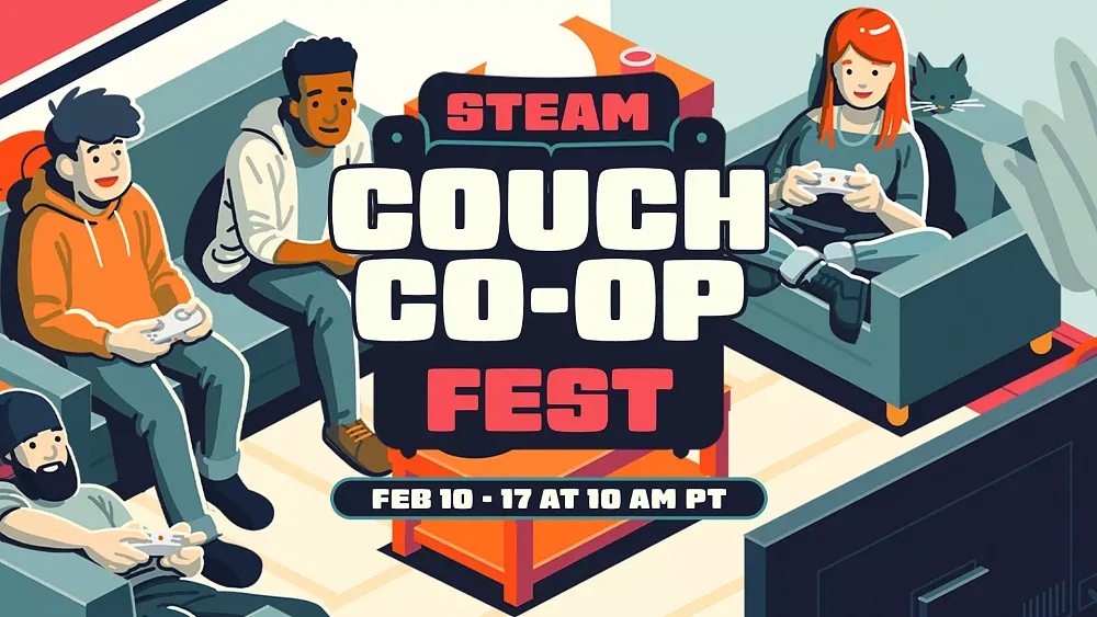 Art showing a small group of friends playing games together in a living room. Text: Steam Couch Co-op. February 10-17 at 10AM PT.