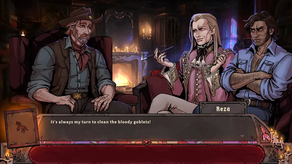 A cowboy therapist talking to a couple that happen to be two vampires. The text says: (Speaker Reza): It's always my turn to clean the bloody goblets!