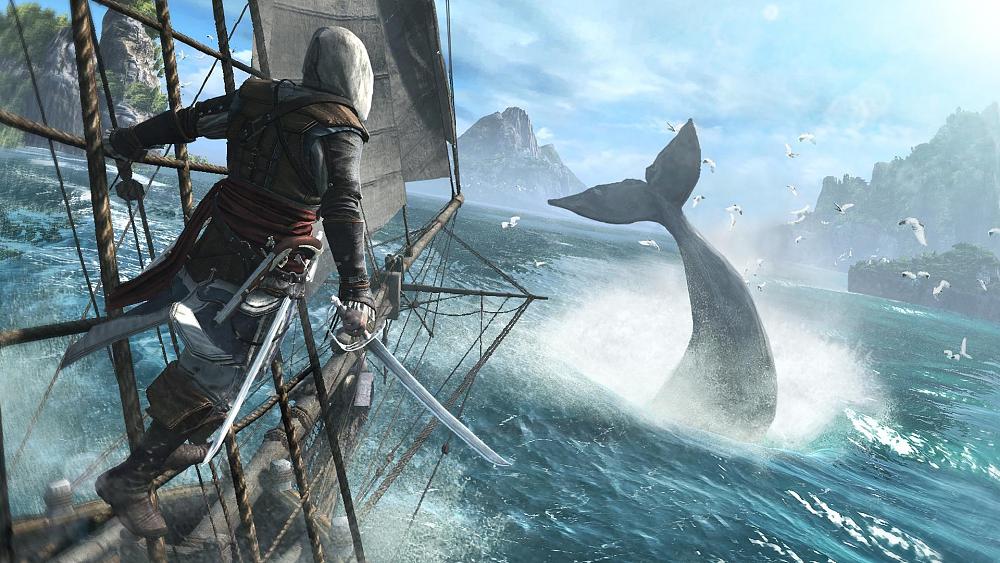 Screenshot from the original Assassin's Creed 4: Black Flag showing a pirate assassin hanging off the side of his ship looking at a whale tail.