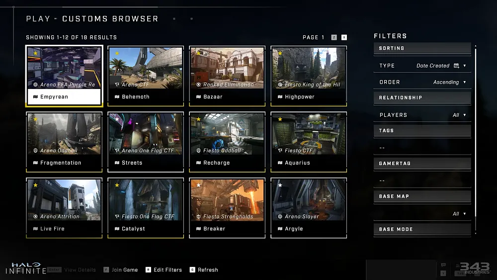 Screenshot showing a server browser for custom games in Halo Infinite