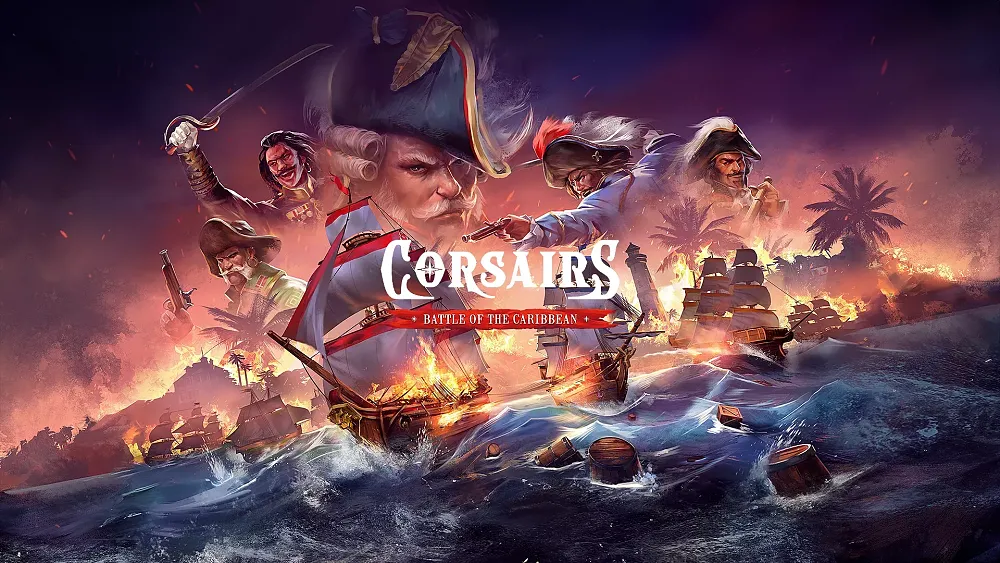 Key art with the game title, Corsairs - Battle of the Caribbean, and showing pirate ships and pirates battling it out.