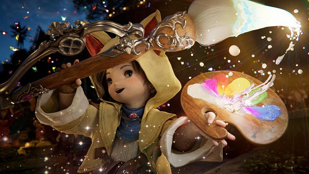 A player in Final Fantasy 14 wielding paint and a giant paint brush.
