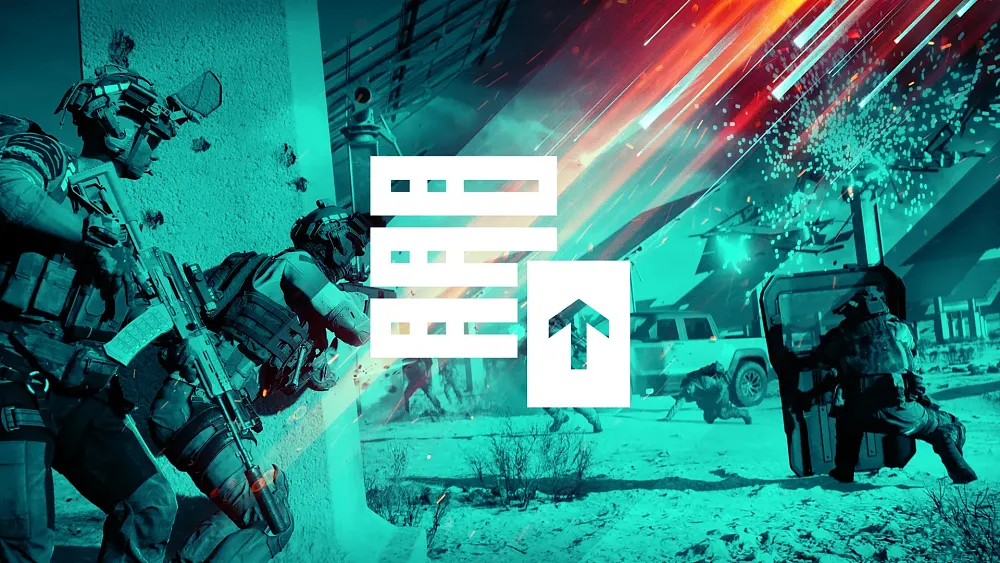 Stylized image showing a war scene from the game Battlefield 2042. There are several soldiers with military gear on, rifles in hand, with at least one taking cover behind a riot shield.