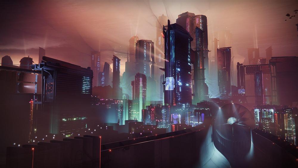A futuristic metropolis with tall skyscrapers and neon lights. The city is set on Neptune and plenty of thick haze is seen in the air.