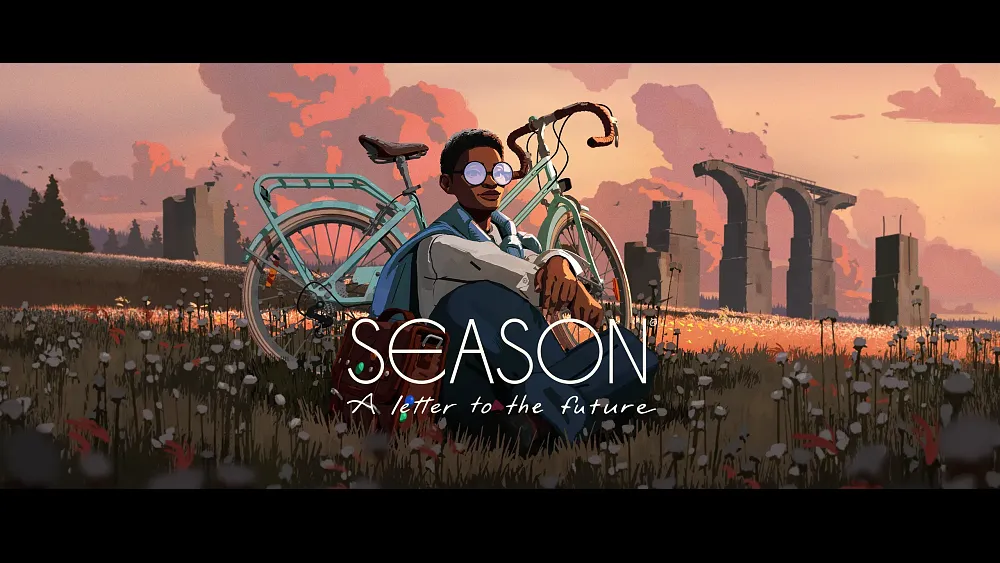 Key art with the words "SEASON: A Letter to the Future" over a scene showing a black girl with very short hair and wide rimmed glasses sitting against a bicycle. They are in a field with various flowers. Behind the girl looks like some stone ruins.