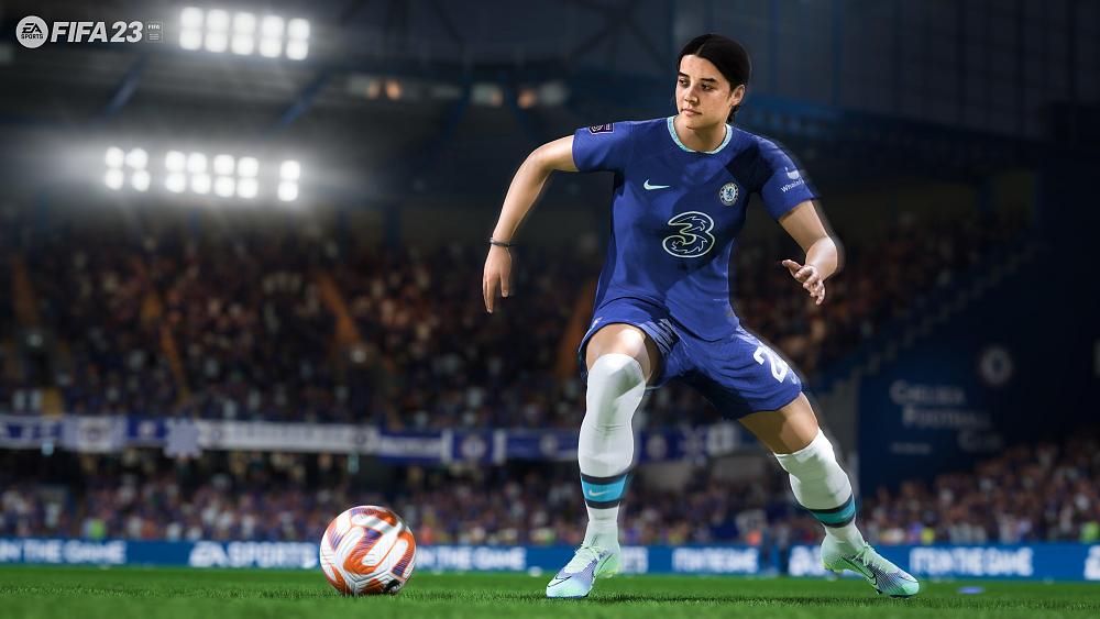 A pro women soccer player dribbling the ball on the field.